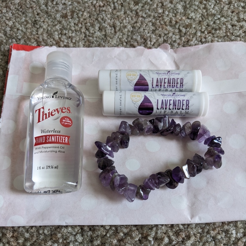 Young Living Lavender Lip Balm, Hand Sanitizer and Amethyst Bracelet